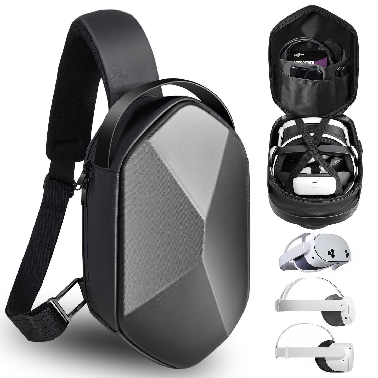 SARLAR Travel Carrying Case for Oculus Meta Quest 3S/Quest 3/Quest 2 VR Headset and Controller Accessories Large Space Hard Case Fits BOBOVR/Kiwi Design Battery Head Strap Crossbody Sling Bag