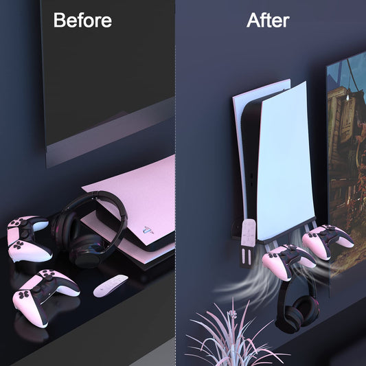 TOPAD PS5 Wall Mount Kit - 6-in-1 Charging Stand for PS5 (Disc & Digital) - Black with Accessories and Non-Slip Mat