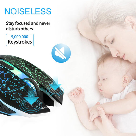 TENMOS M2 Wireless Gaming Mouse - Silent, Rechargeable, 7-Color LED, Ergonomic, 3 Adjustable DPI, Black