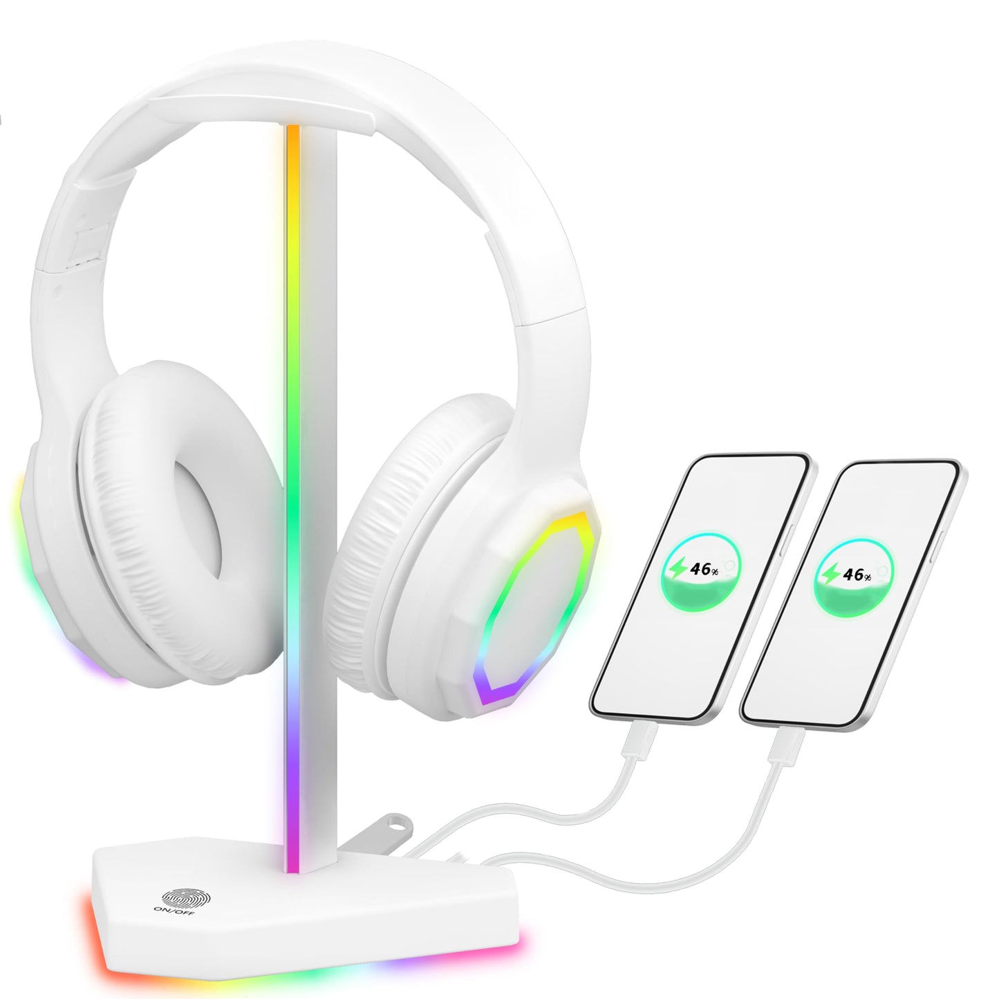 charlxee RGB Headphone Stand with 2 USB-C Charging Port and 1 USB Charging Port Desk Gaming Headset Holder with 7 Light Modes and Non-Slip Rubber Base Suitable for All Earphone Accessories (White)