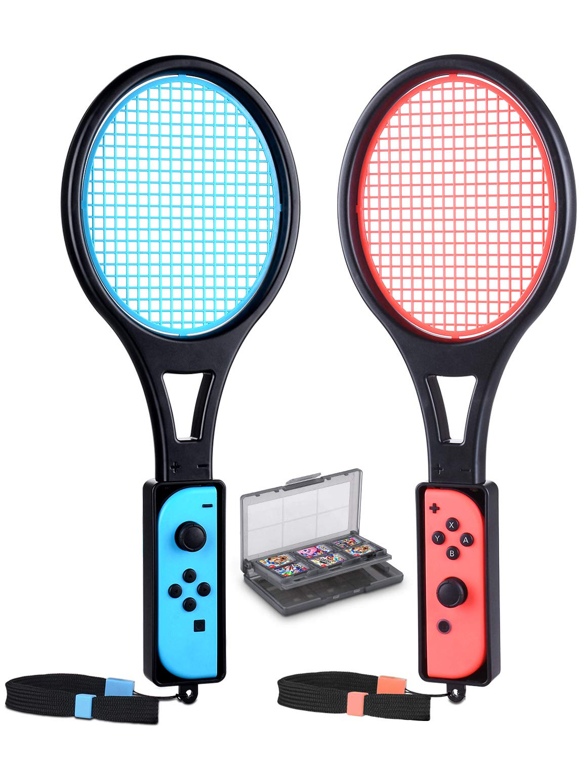 Tendak Tennis Racket for Nintendo Switch Joy-Con - 2 Pack Game Accessories with 12 in 1 Game Card Case, Black, Model GE-003