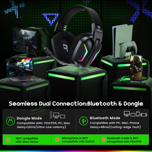 WESEARY Wireless Gaming Headset WG1 - 2.4GHz, ENC Mic, Bluetooth 5.4, 50H Battery, Grass Green, Compatible with PC, PS5, PS