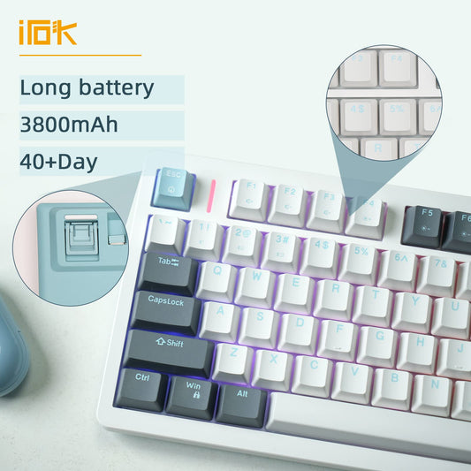 IROK FE75Pro Wireless RGB Mechanical Keyboard - 81 Keys, Hot Swappable, Customizable Backlit, White/Blue Color