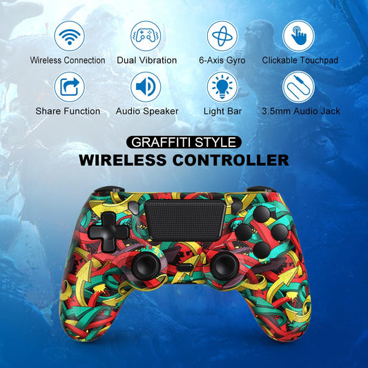 MOOGOLE Wireless PS4 Controller with USB Cable, 1000mAh Battery, Dual Vibration, 6-Axis Motion, 3.5mm Audio Jack, Multicolor