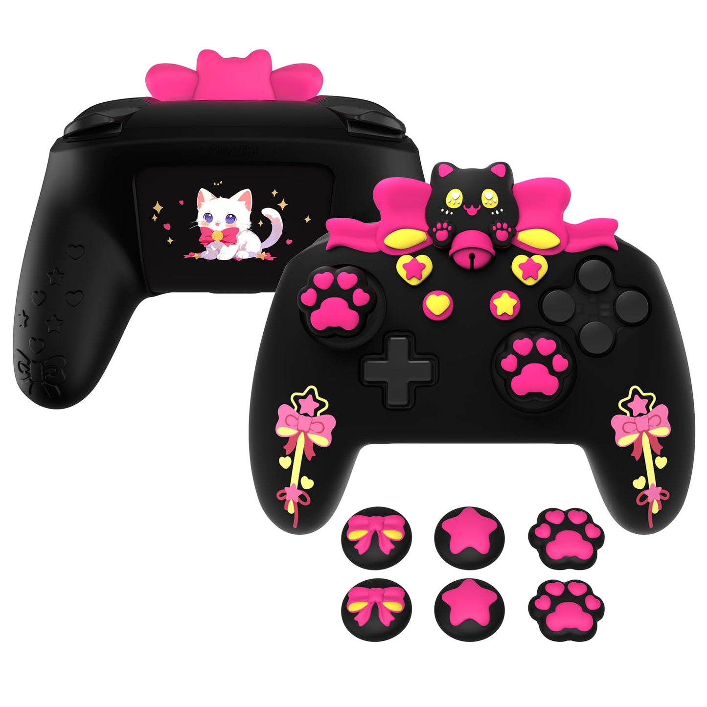 PlayVital Sweetheart Kitty Silicone Skin Compatible with Nintendo Switch Pro Controller Kawaii Anti-Slip Cover Switch Pro Controller Joystick Grips & Protective Silicone Case - Black