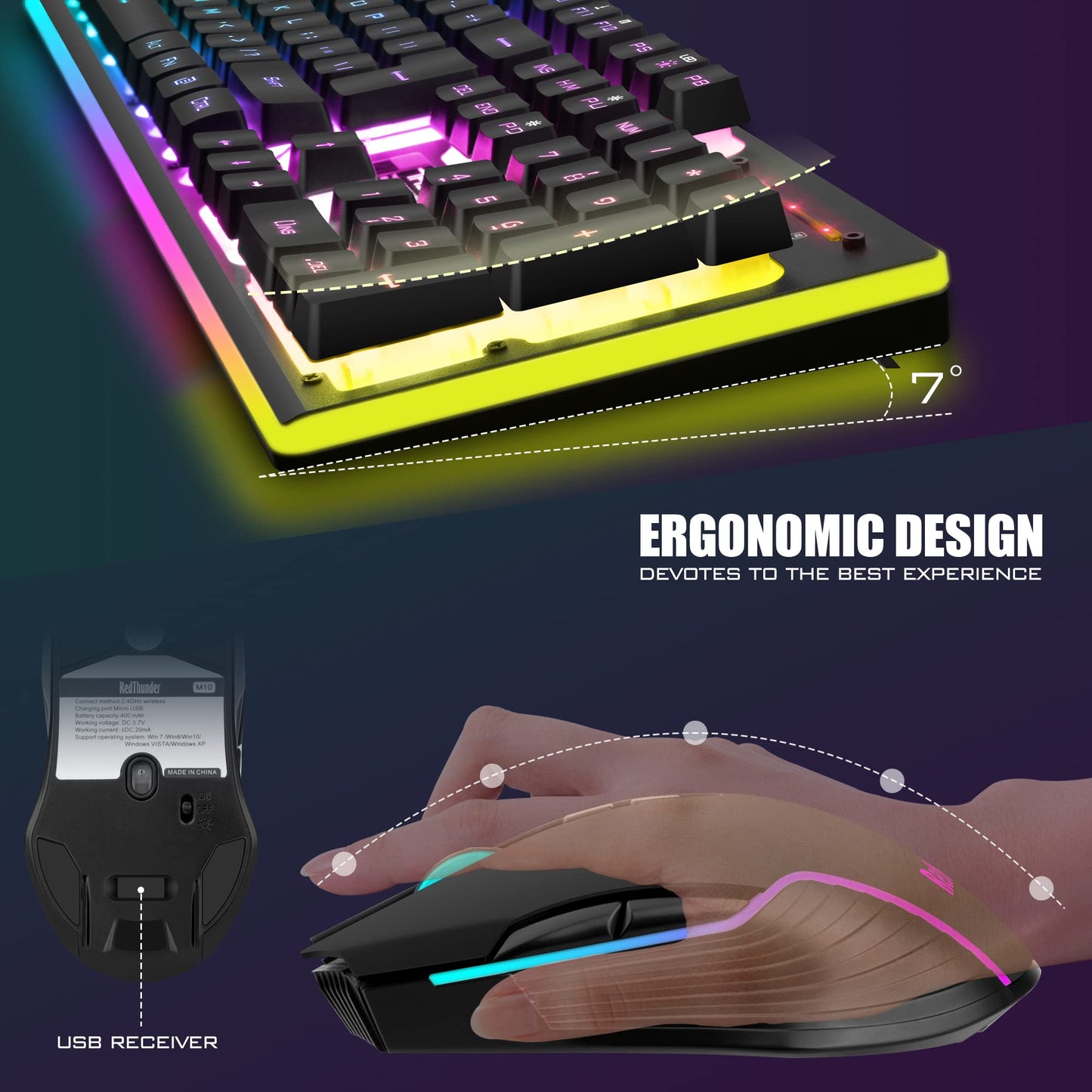 RedThunder K10 Wireless Gaming Keyboard & Mouse Combo, LED Backlit, Rechargeable 3800mAh Battery, Anti-ghosting, Black