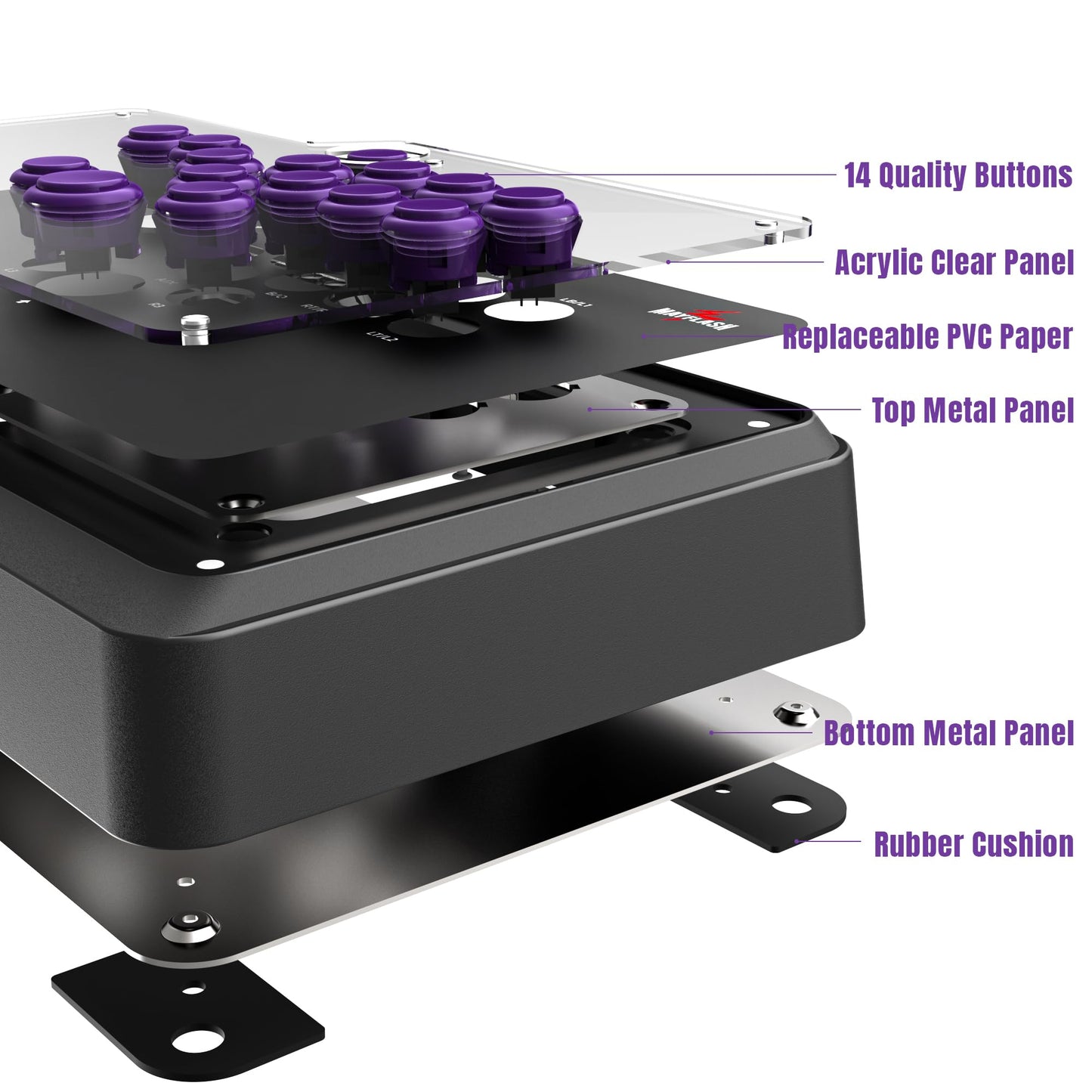 MAYFLASH F500 FLAT Fight Stick - Arcade Controller for PS4, Xbox, PC, 14.17"x9.06"x1.97", Black and Purple, Model MT-010