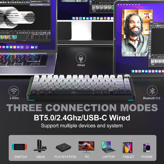 CC MALL M75 75% Mechanical Keyboard, Hot Swappable, RGB Backlit, PBT Keycaps, White and Black