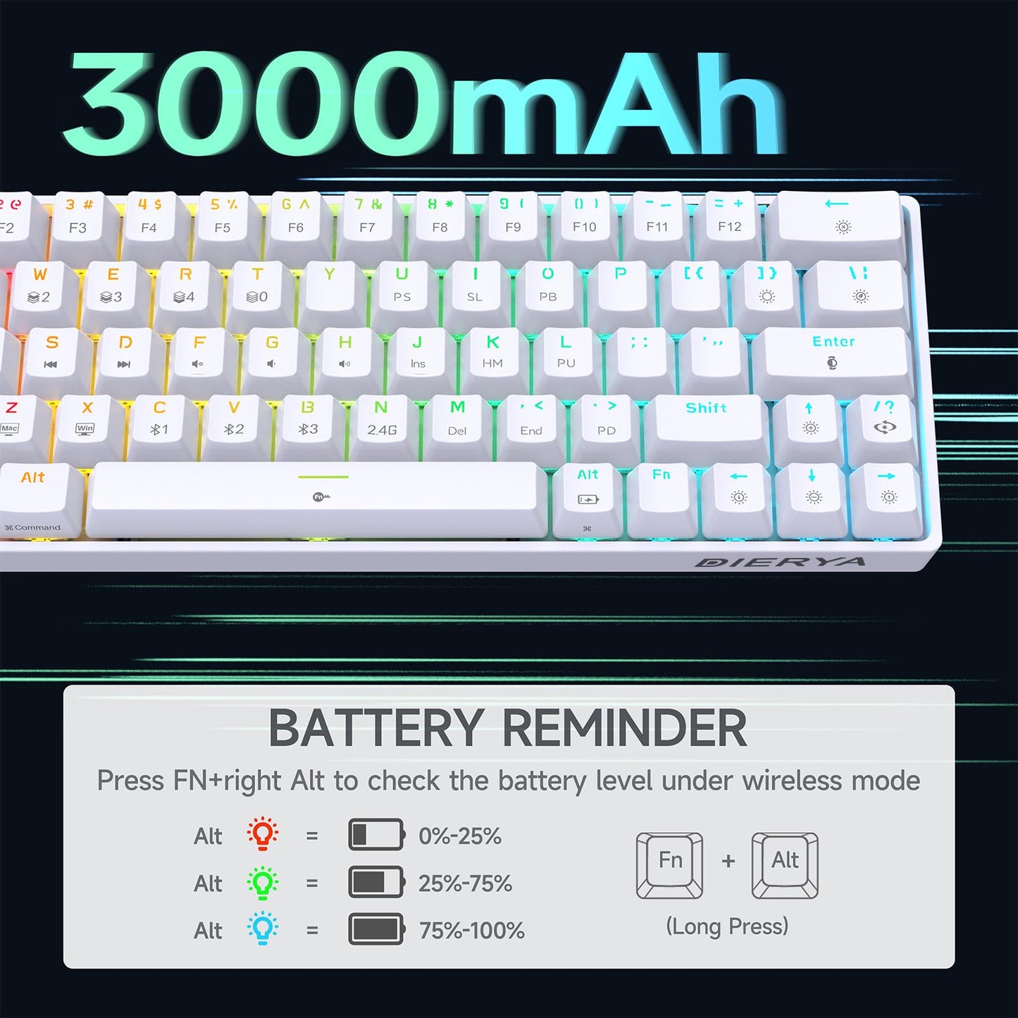 DIERYA DK63 Wireless Mechanical Gaming Keyboard | 63% Compact | RGB Backlit | Blue Switch | White