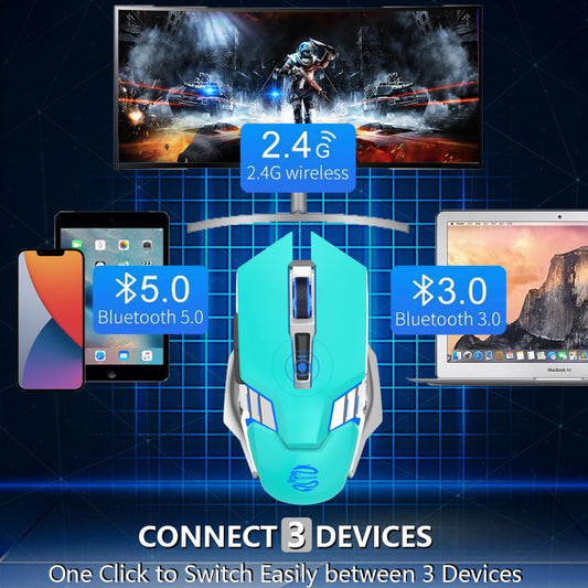 SHUNJINRUN Green Wireless Gaming Mouse - Bluetooth 3-Modes, RGB Backlit, Silent Click, Model SJR343 for Laptop, PC, MacBook, iPad