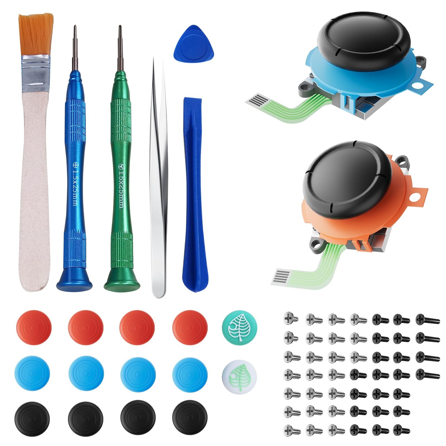 Joystick Replacement for Joycon(68 in one) Repair Tool Kit for Switch2 Joycon Includes 2 Analog Sticks Drift Fix Tools Y/+ Screwdriver Tweezers Pry Tools 14 Thumbstick Grips Matching Screws