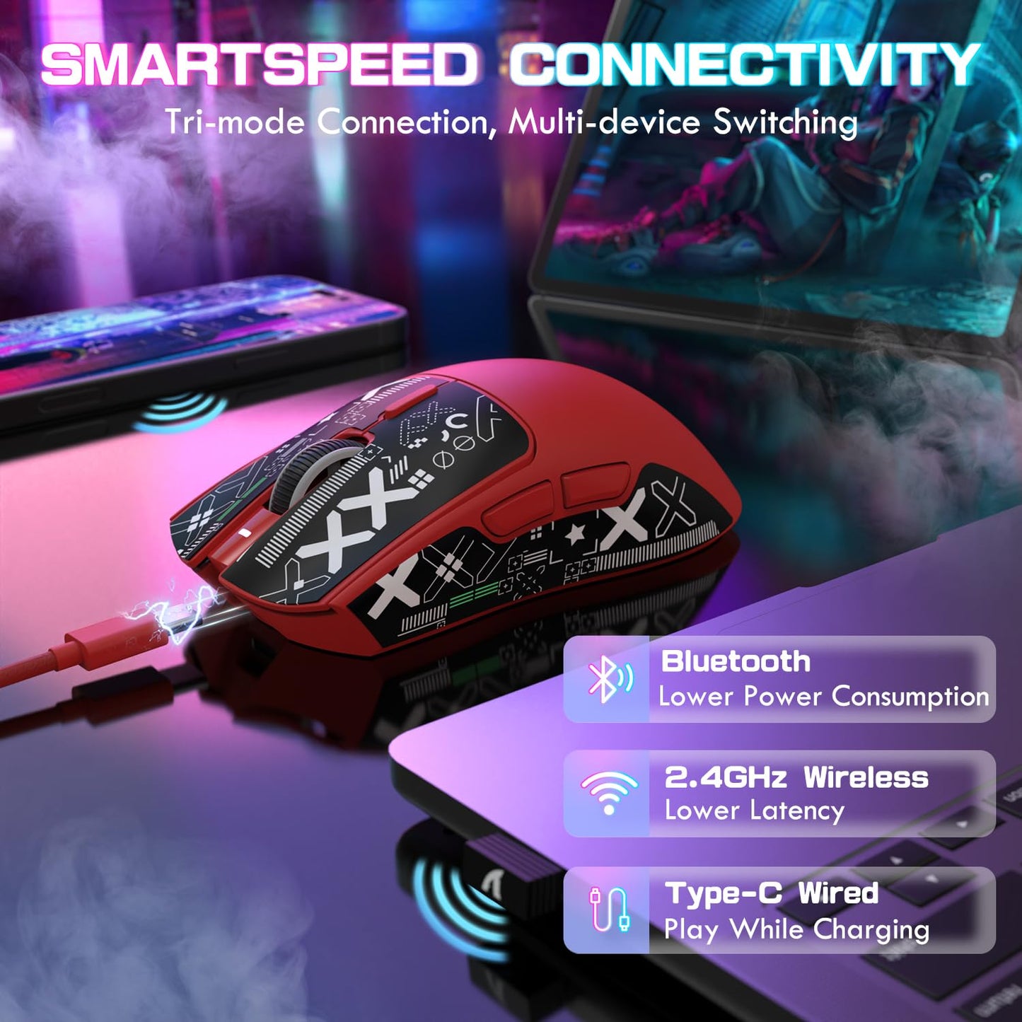 ATTACK SHARK X1 Ultralight Wireless Gaming Mouse, 40000DPI, RGB Charging Dock, Red, Anti-Slip Grip for PC/Mac Gamers