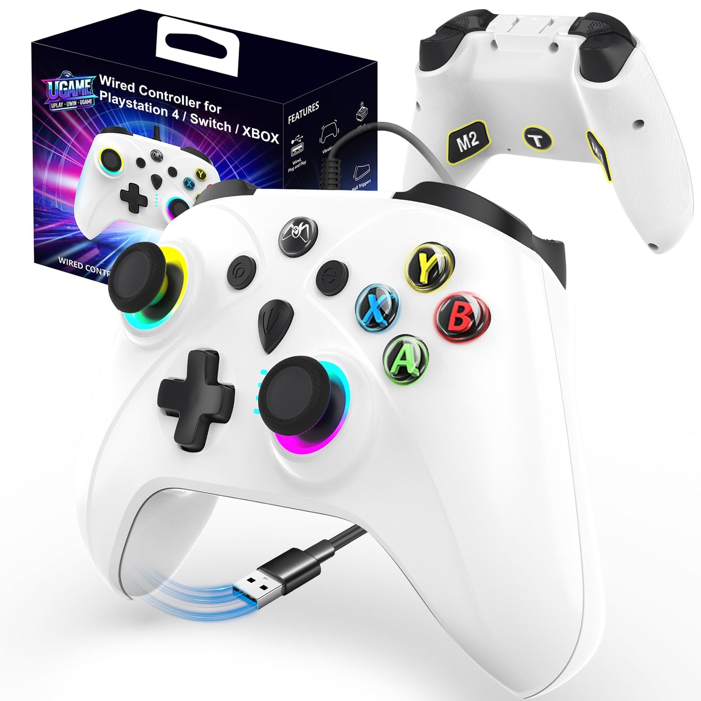 Ugame Wired Versatile Controller for Xbox/PS4/Switch/PC Wire Control for Xbox Series X/S Xbox One with Back Paddles 1000Hz Polling Turbo RGB Game Light (1 White Mando)