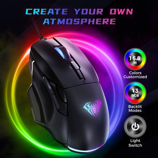 AULA F815 Gaming Mouse, 12800 DPI RGB, 6 Programmable Buttons, Universal Size, Black