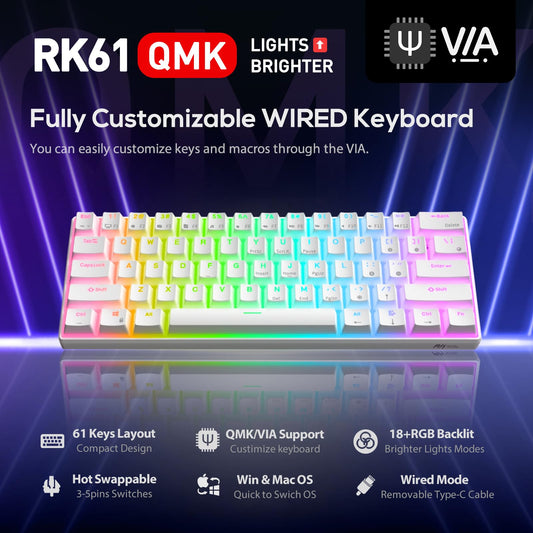RK ROYAL KLUDGE RK61 60% Mechanical Gaming Keyboard, RGB Backlit, Hot-Swappable Blue Switch, White