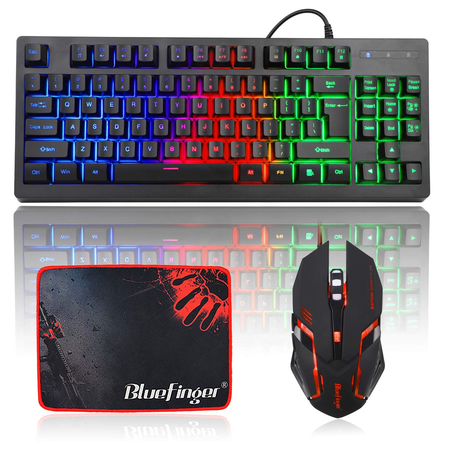 BlueFinger RGB Gaming Keyboard & Backlit Mouse Combo, USB Wired, Black/RGB Light, Model B07R7P6WTF