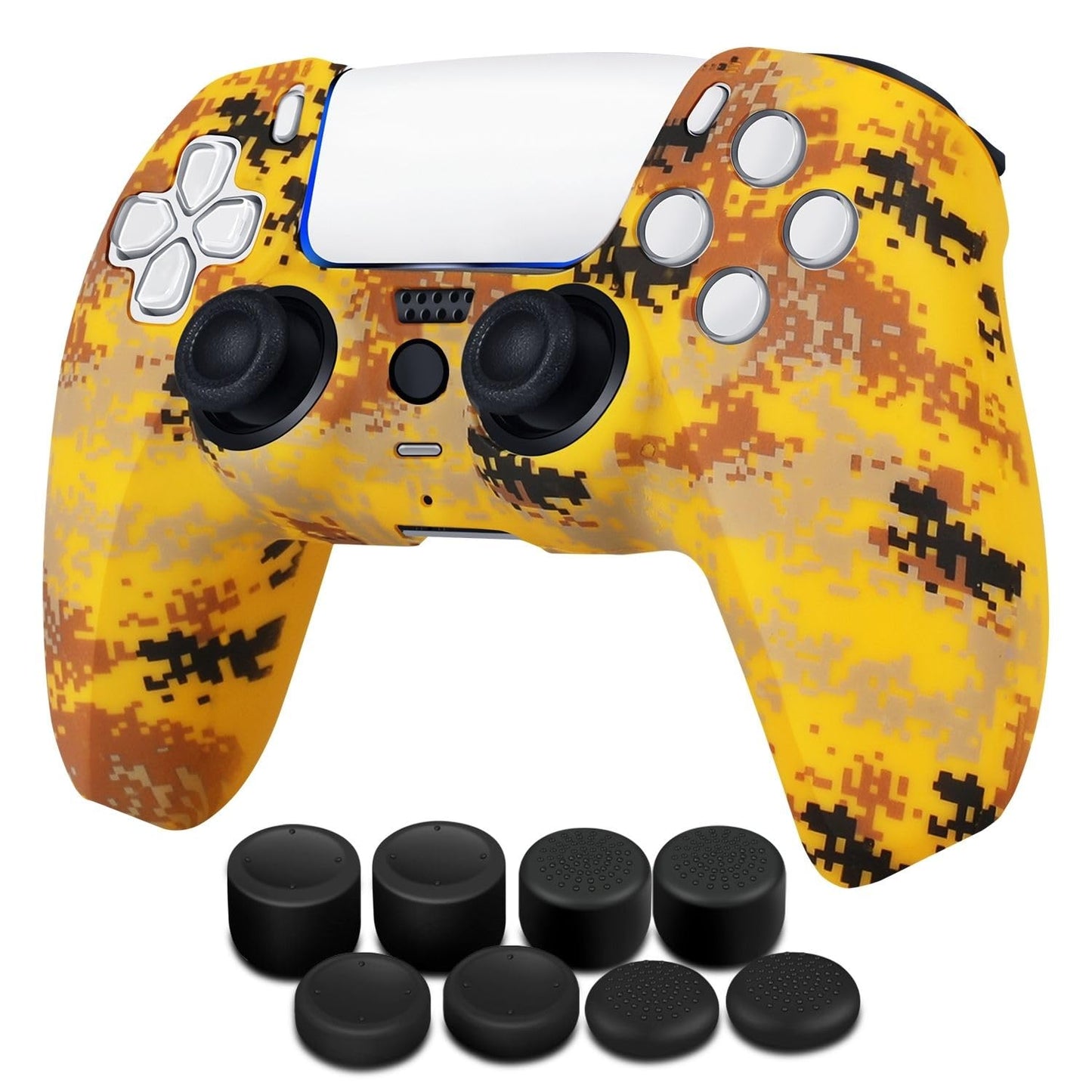TNP Controller Case for PS5 Silicone Controller Skin for Dualsense Cover + 8 Pro Thumb Grips Set Sony PlayStation 5 Skins Accessories Camo Yellow with Ergonomic Textured Grip