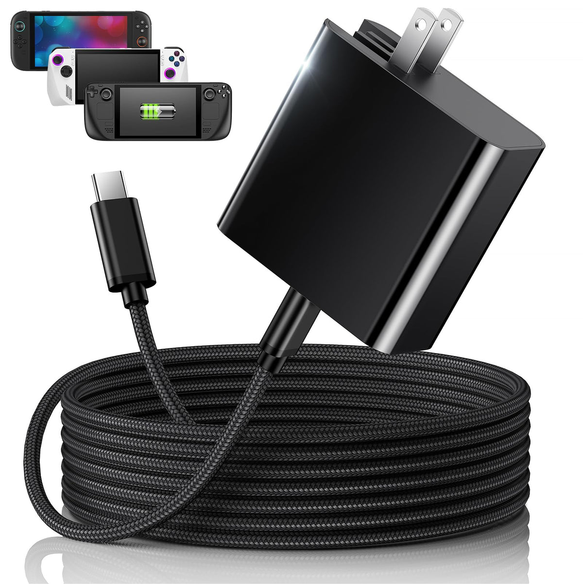 65W USB C Fast Charger for Steam Deck and ROG Ally MENEEA PD 3.0 Foldable AC Adapter with 6.6FT USB-C Charging Cable Cord Accessories for Steam Deck TV Dock/PS Portal/Nintendo Switch 2 Charger