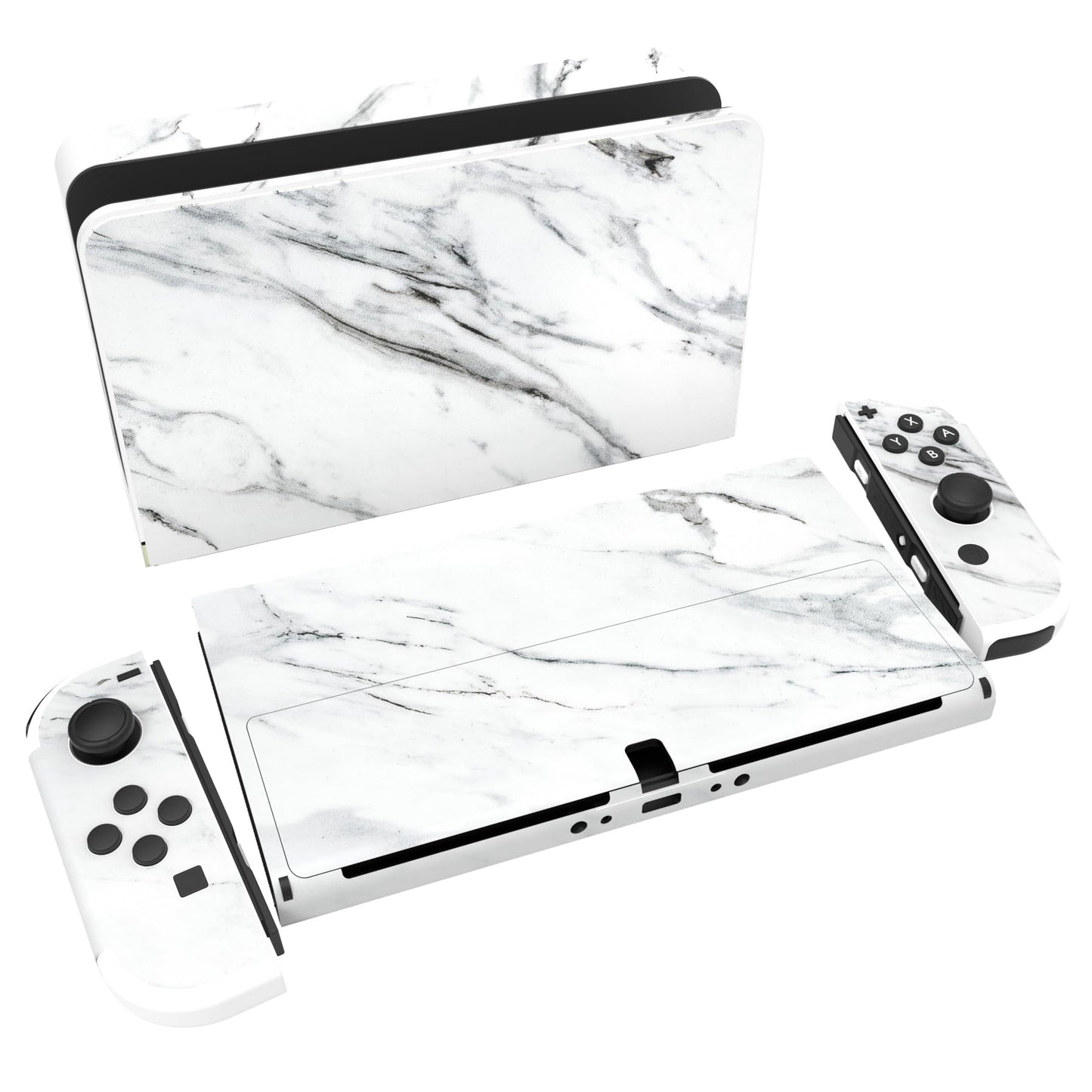PlayVital Full Set Protective Stickers for Nintendo Switch OLED Model Customized Vinyl Decal Skins for Switch OLED Console & Joycon & Dock & Grip - Modern White Marble