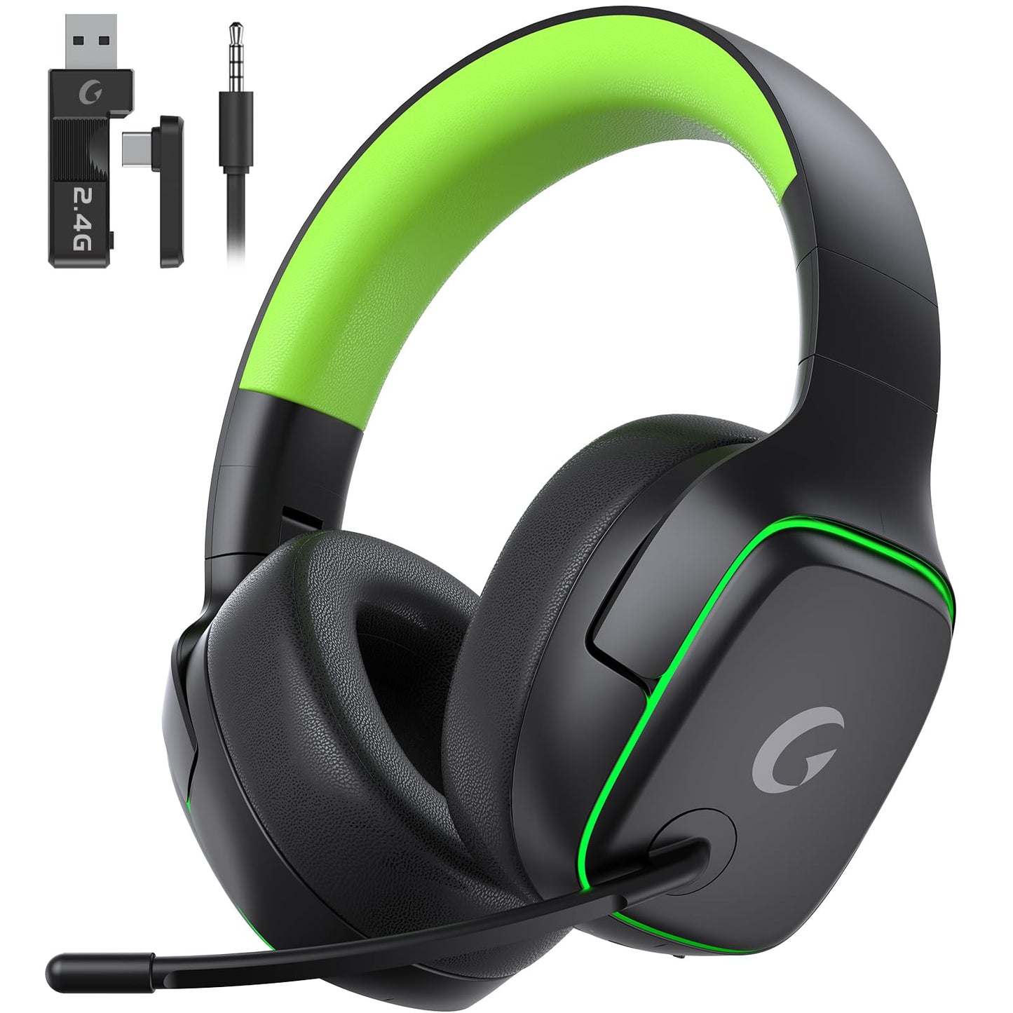 Gvyugke 2.4GHz Wireless Gaming Headsets for PS5 PS4 PC Switch - Bluetooth 5.3 Gaming Headphones with Noise Canceling Mic 7.1 Surround Sound 70H Battery Blue Lighting - Black Green