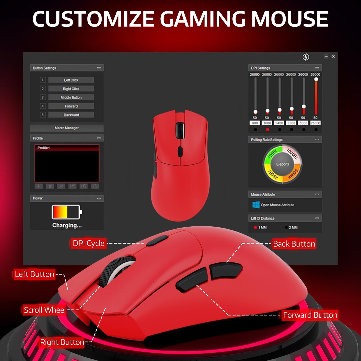 ATTACK SHARK R1 Wireless Gaming Mouse - Tri-Mode (2.4G/Wired/BT5.2), 18K DPI, 55g Lightweight, Ergonomic, Red