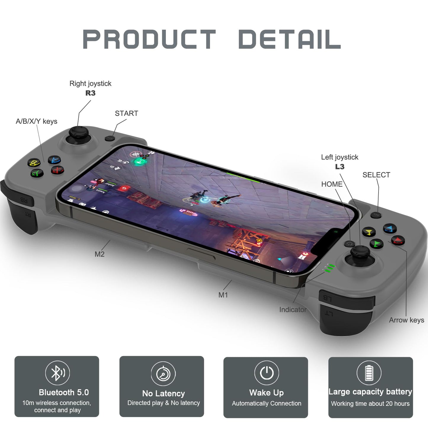 Joso Wireless Game Controller for Android & iPhone - Bluetooth Joystick for Samsung Galaxy & COD Mobile - Grey