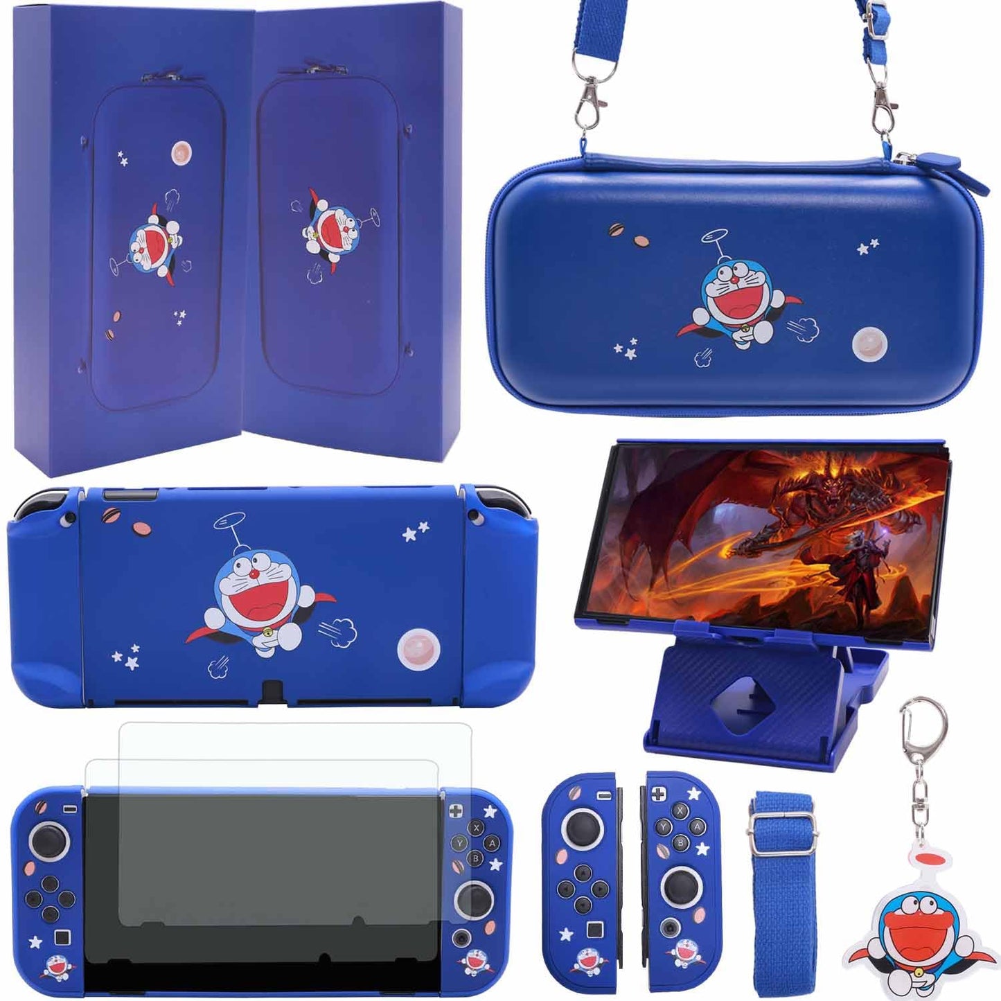 GUTIAL Accessories Bundle for Nintendo Switch OLED - Cute Kawaii NS OLED Accessories kit for Grils Boys Kids with Carrying Case Cartoon Dockable Cover Case Screen Protector Stand - Blue