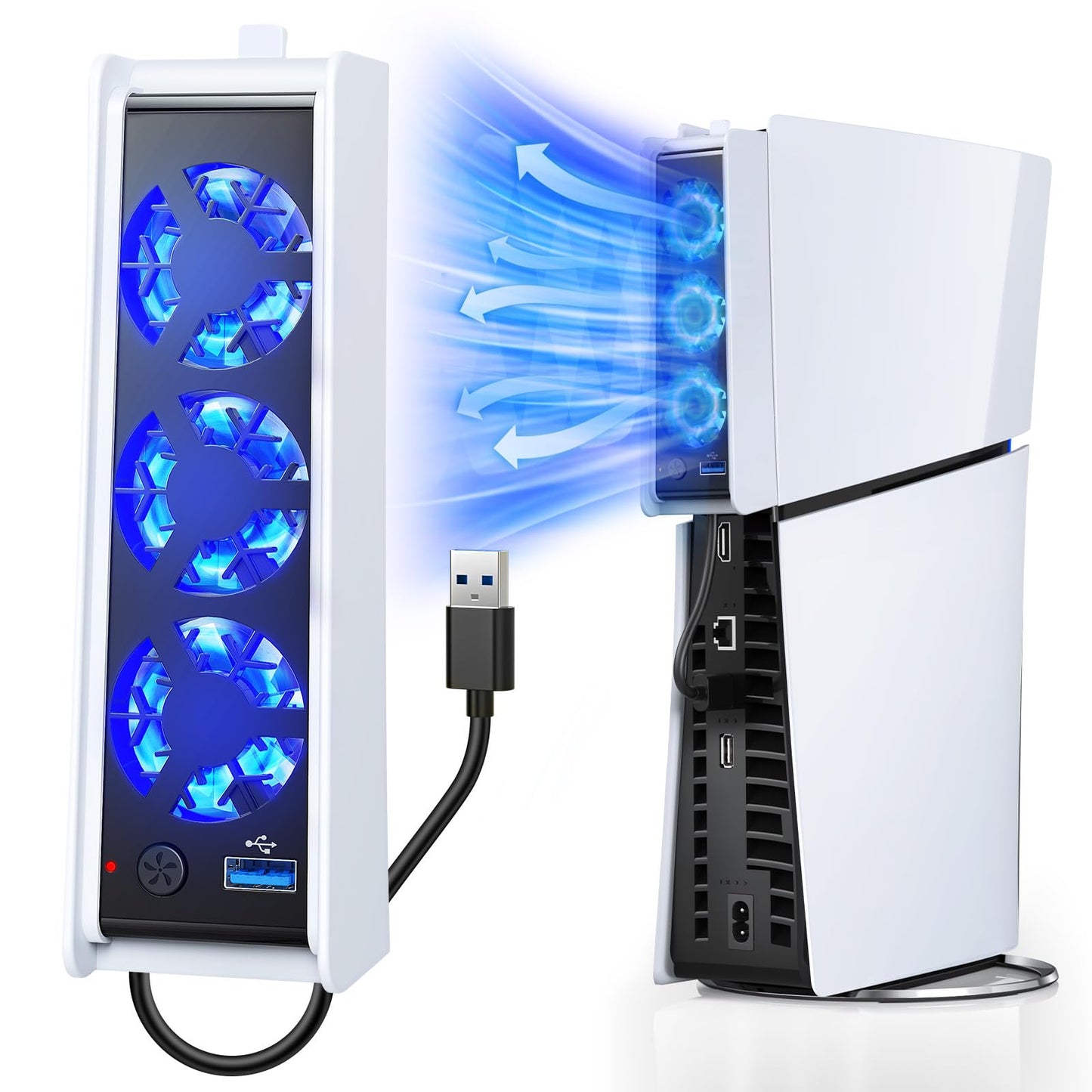FASTSNAIL Cooling Fan for PS5 Slim Digital/Disc Auto Speed Adjustable by Temperature Sensor 2 Fan Speed Manual & USB 3.0 Hub & LED Light Cooler System Accessories for PS5 Slim Console