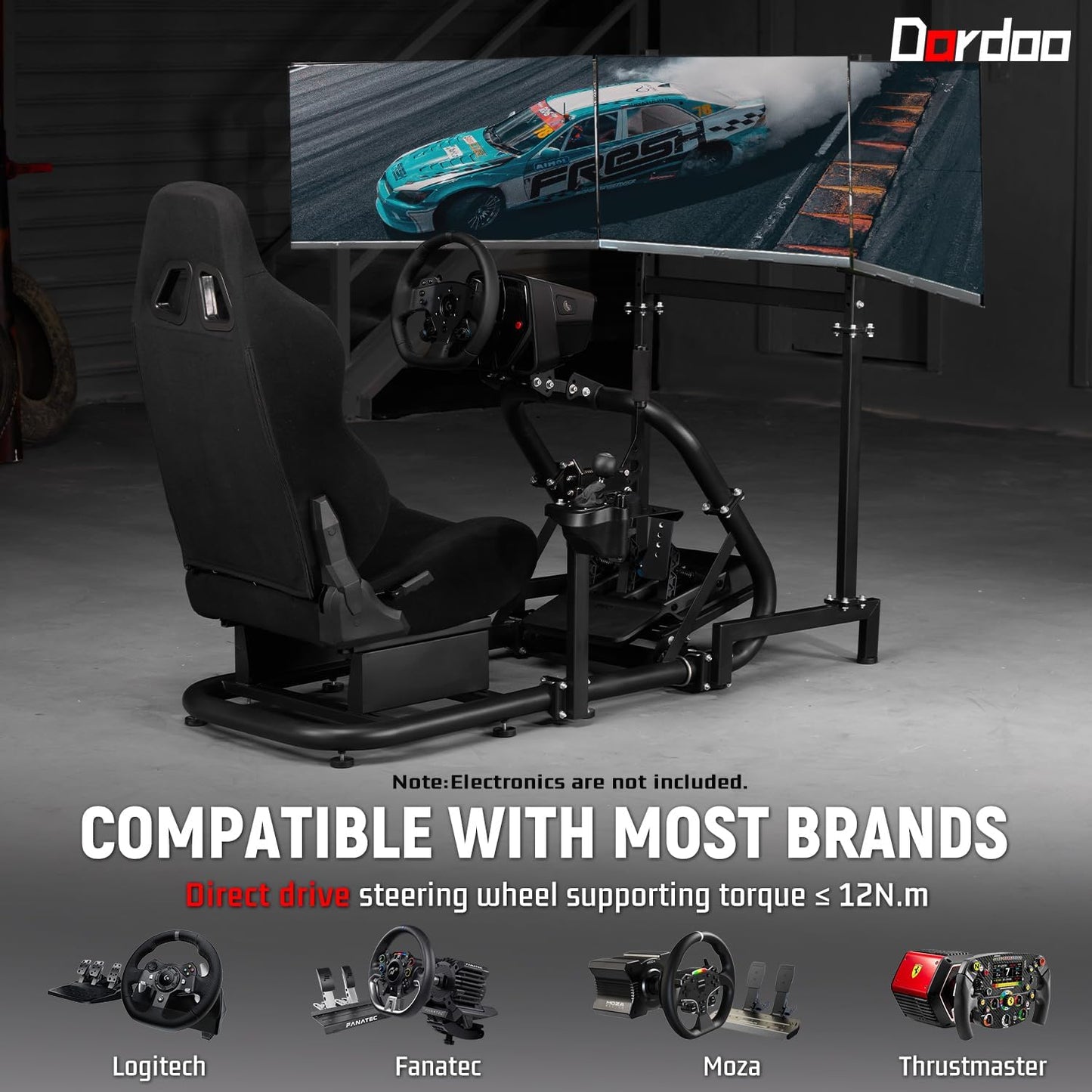 Dardoo Racing Simulator Cockpit with Triple Monitor Stand, Black Seat, Compatible with Logitech/Thrustmaster/Fanatec G29 G920 G923 T300RS