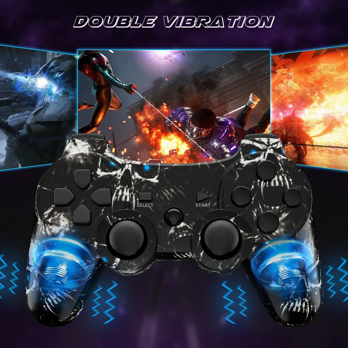 CHENGDAO PS3 Wireless Controller 2 Pack - 6-Axis, Double Vibration, Motion Control - Skull + Galaxy