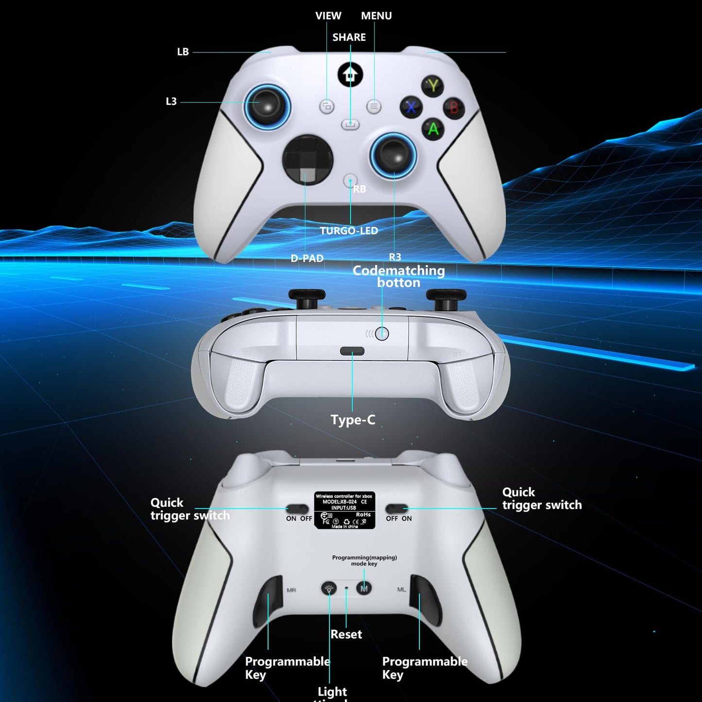 YUYIU Wireless 2.4GHz Xbox Controller with RGB Light, 1000mAh Battery, Dual Vibration, Turbo, 3.5mm Audio Jack - Pearl White
