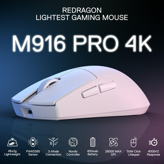 Redragon M916 PRO Wireless Gaming Mouse - 4K Polling Rate, 26K DPI, Ergonomic Grip, Ultra-Light, White