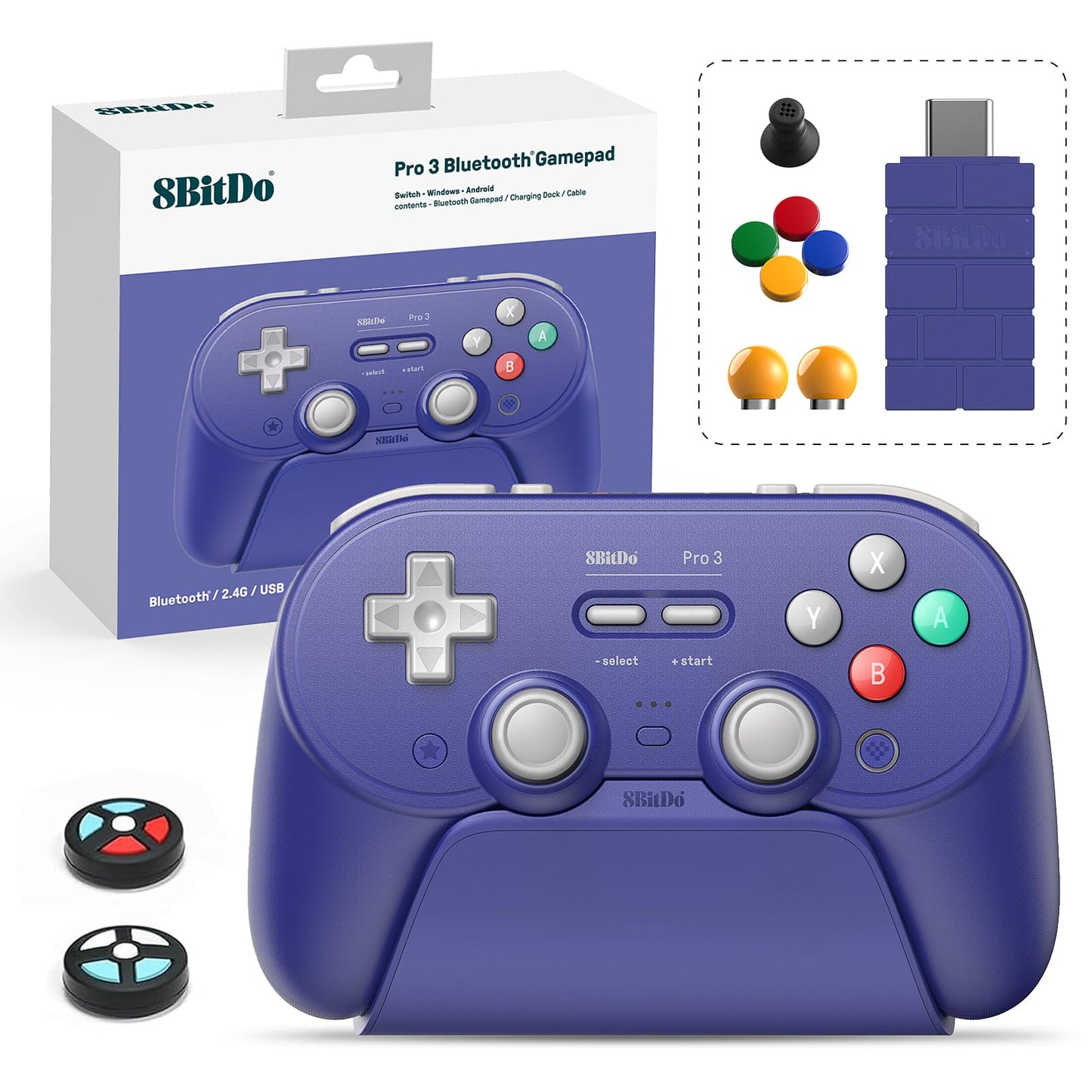 8Bitdo Pro 3 Bluetooth Controller with TMR Joysticks Swappable ABXY Buttons Pro Back Buttons Charging Dock Hall Effect Triggers for Switch/Switch 2 Windows Apple SteamOS Android (Purple)