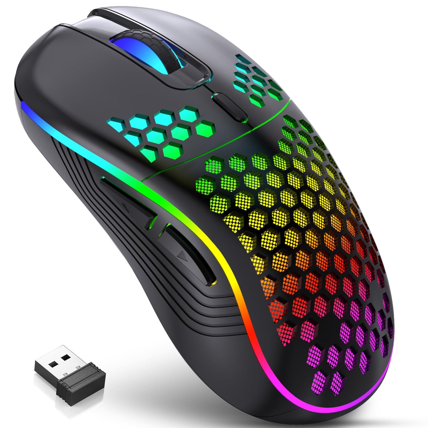 JYCSTE Wireless Gaming Mouse Rechargeable Computer Mouse Ergonomic Mice Honeycomb Design with RGB Backlight USB Receiver 7 Buttons Adjustable DPI Wireless Mouse for PC/Mac/Laptop