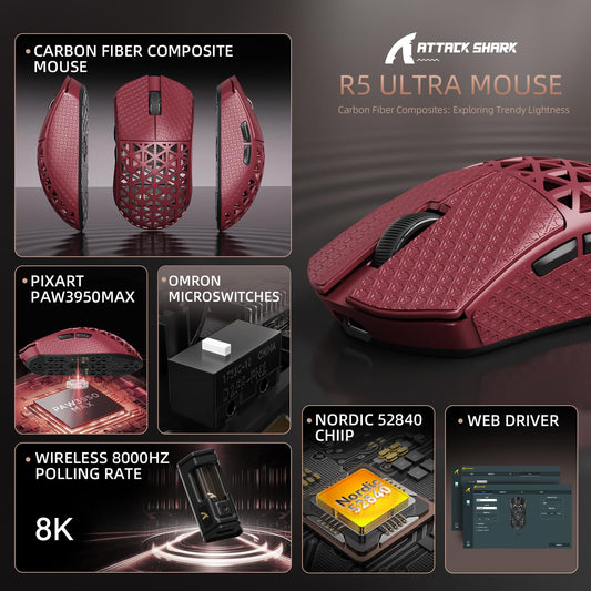 ATTACK SHARK R5 Ultra Wireless Gaming Mouse - 39g Superlight, 42K DPI Optical Sensor, Carbon Fiber Shell, Red&Griptape