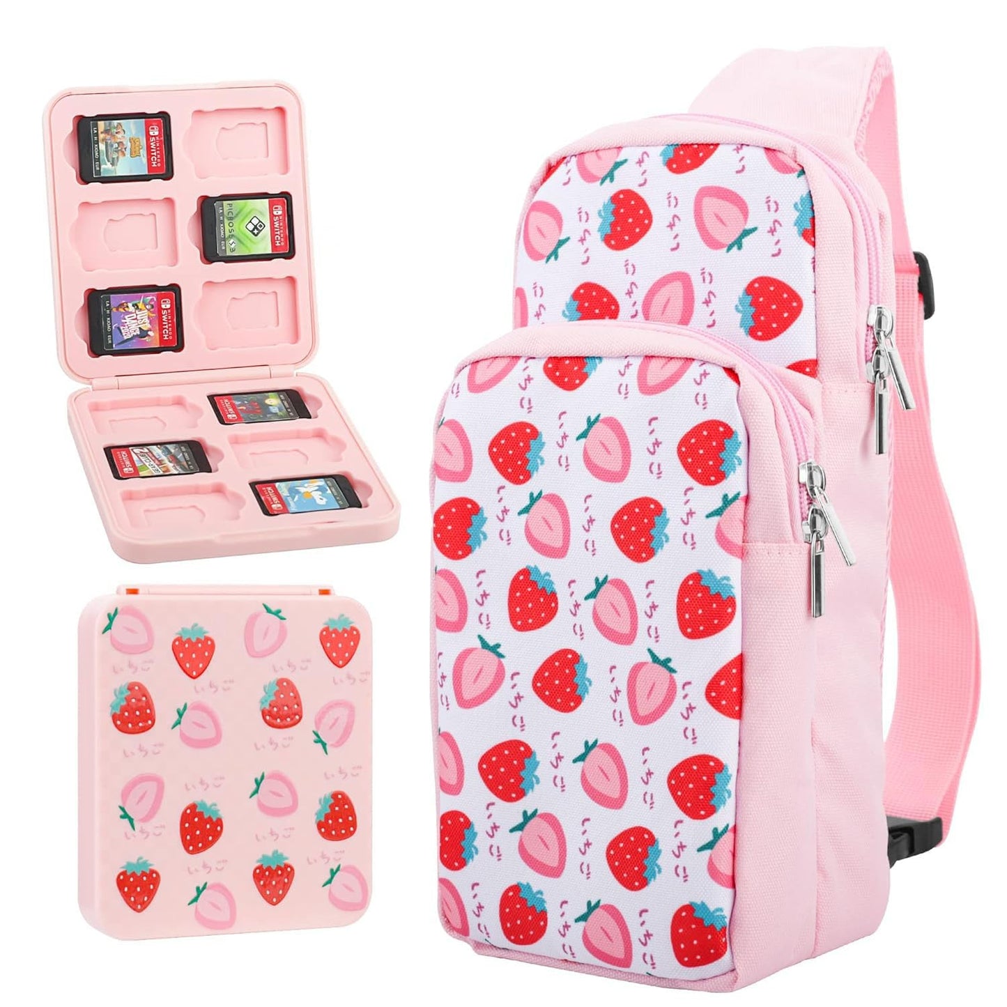 GLDRAM Pink Strawberry Travel Bag for Nintendo Switch/OLED/Lite/2, Cute Carrying Case Portable Sling Shoulder Bag Accessories Bu