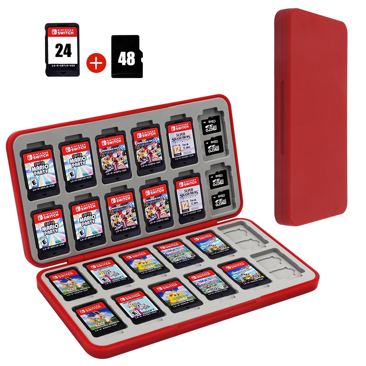 FYY Nintendo Switch Game Case Holder for Switch 2 refill unit Case with 24 Game Card sections & 48 Micro SD Card sections Hard Shell Silicone Lining Red