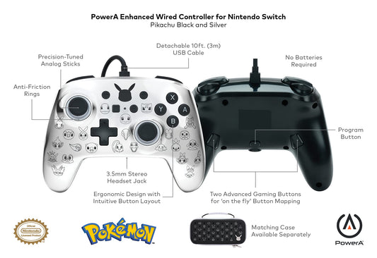 PowerA Enhanced Wired Controller for Nintendo Switch - Pikachu Black & Silver, Model 1522785-01