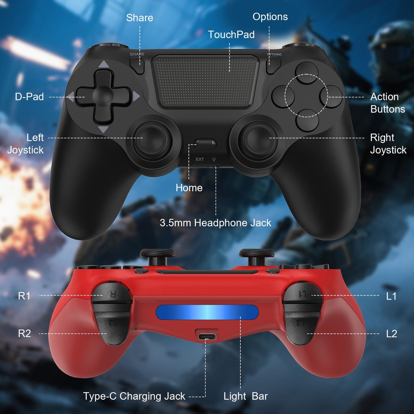 Hiyuky Wireless Controller 2 Pack for PS4/PC - Black+Red, Dual Vibration, Motion Control, Audio Jack