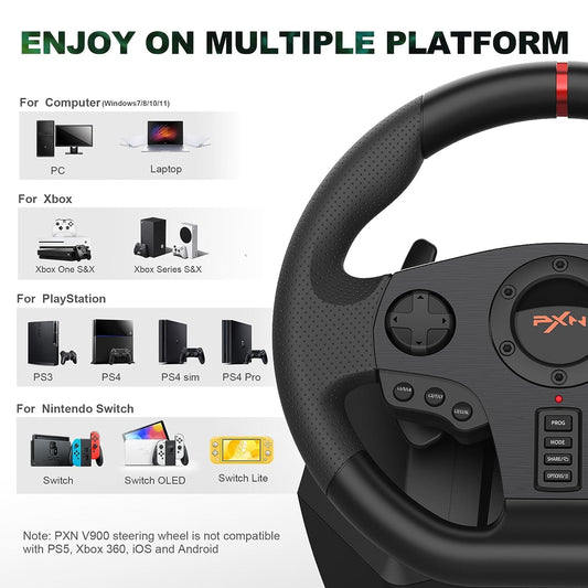 PXN V900 Racing Wheel - 270°/900° Rotation, Black, Gaming Steering Wheel with Pedals for PC, PS4, PS3, Xbox Series X|S, Xbox One