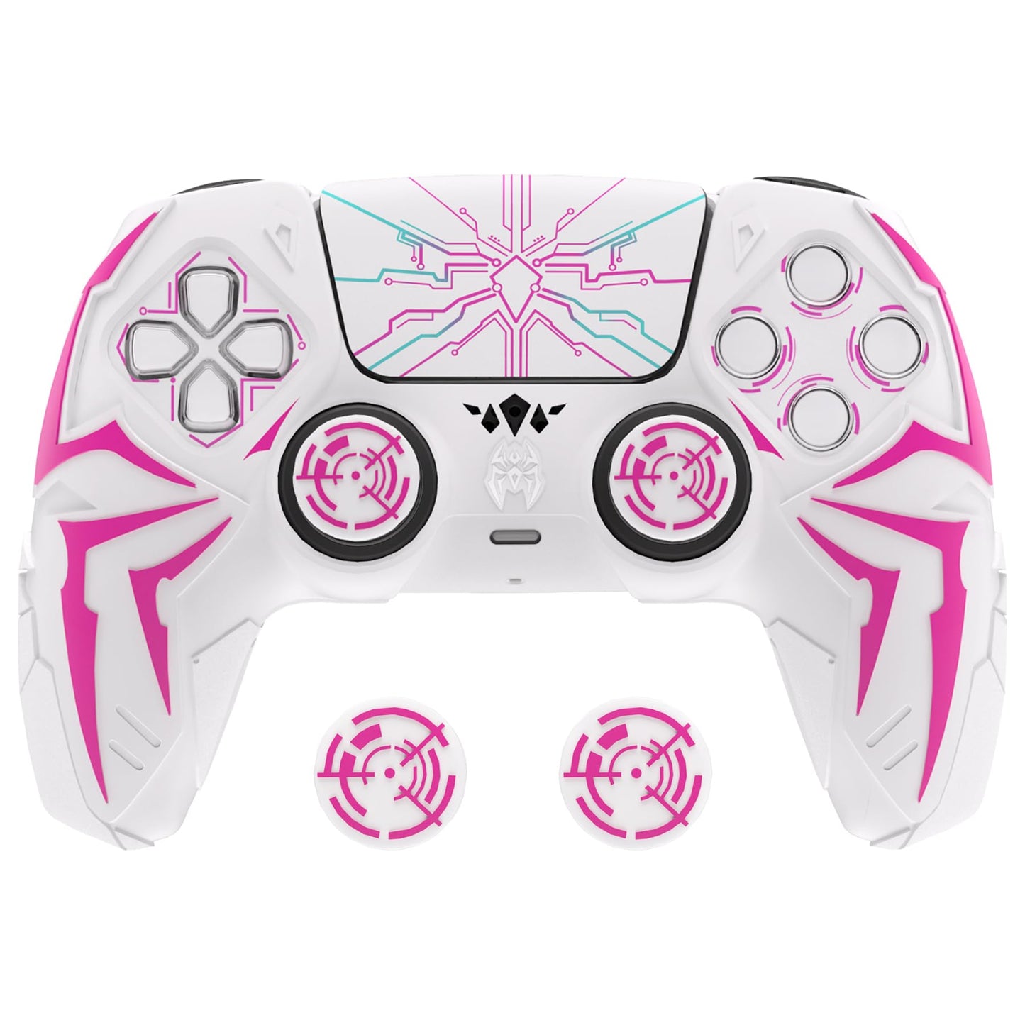 PlayVital Design for ps5 Controller Silicone Case with 2 Thumb Grips and 6 Sticker Cyber Spider Design Anti-Slip Shockproof Controller Cover Skin Fits for Charging Dock White & Pink