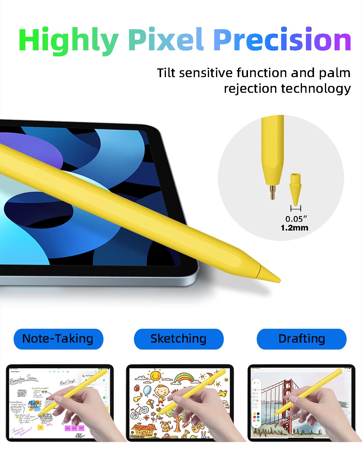 Gnanlen iPad Pencil 2nd Gen - Magnetic Wireless Charging, Compatible with iPad Pro 11/12.9, Air 4/5, Mini 6 - Yellow, Model Pencil