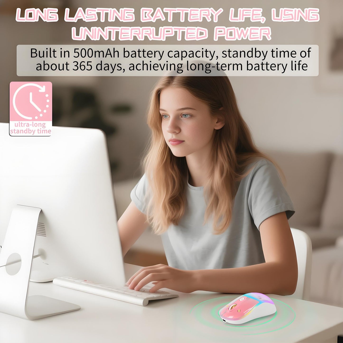 elec Space Wireless Bluetooth Mouse - Rechargeable, Silent, RGB, Ergonomic Design, Pink