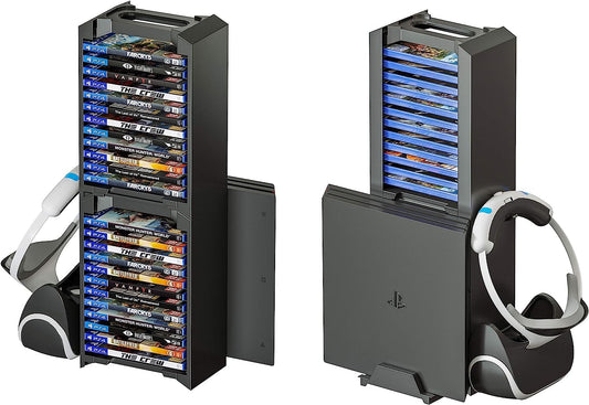 Skywin Video Game Storage Stand Tower for PS5/PS4/Xbox - 24 CD Organizer, VR Hanger, 12x8x5 inches, Black, Model SW-DBOR