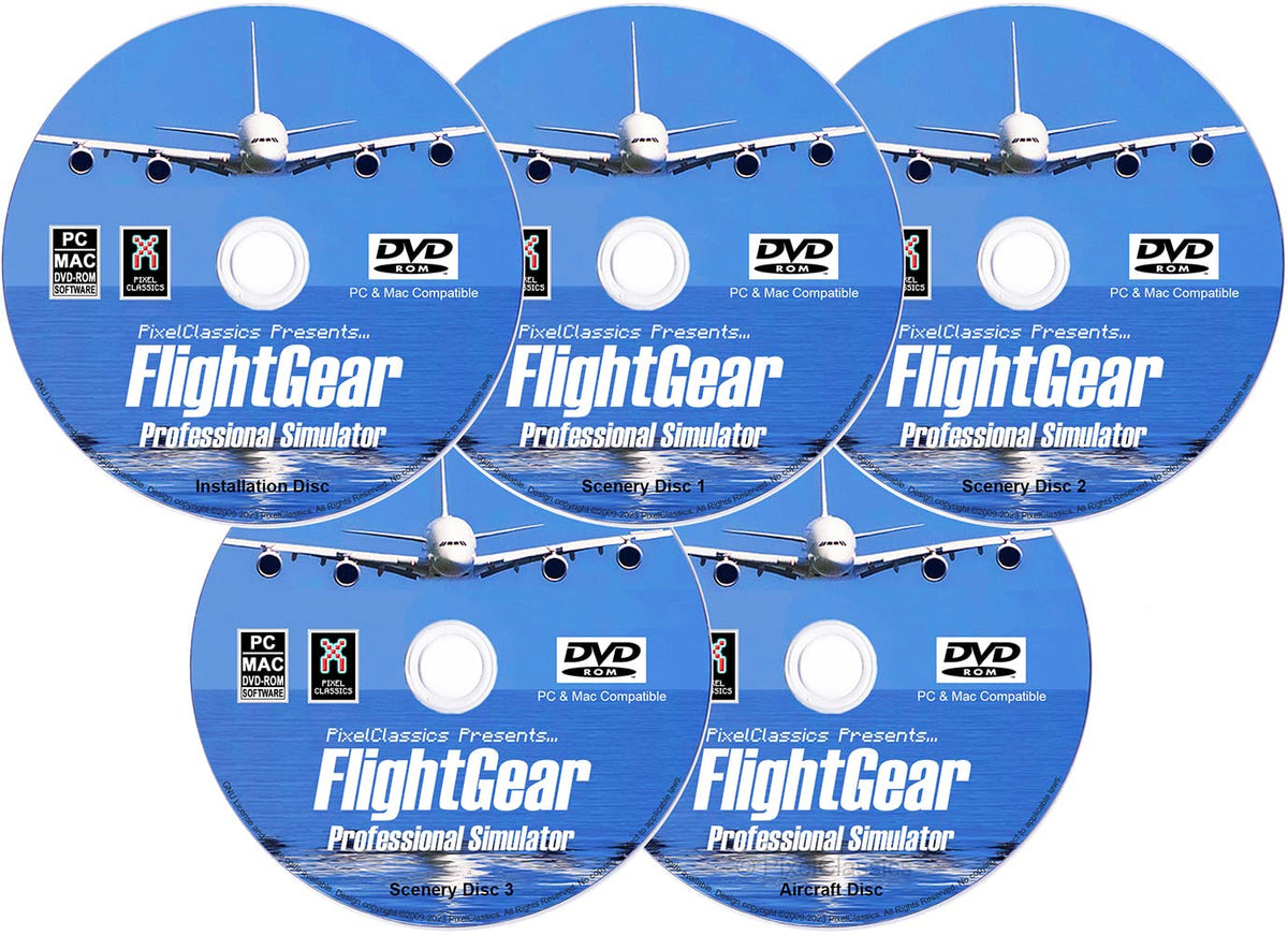 FlightGear Flight Simulator 2023 X fine DELUXE Edition Flight Sim 5 Disc DVD CD Set Compatible with Microsoft Windows 11 10 8.1 8 7 Vista PC & Mac OS | 600+ Aircraft & FULL Worldwide Scenery!