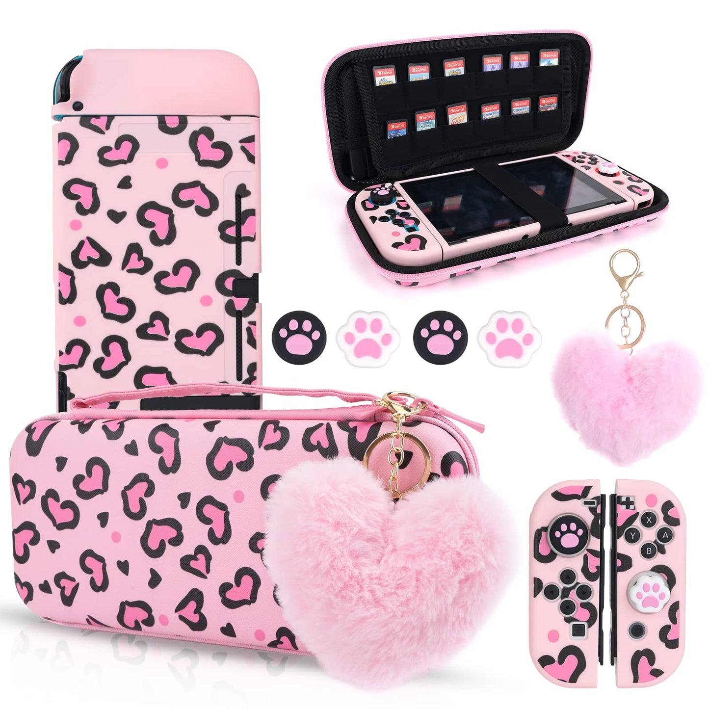 DLseego Pink Love Leopard Carrying Case for Switch Cute Silicone Protective Case Soft Cover with 4PCS Thumb Grip Caps and Pink Plush Heart Pendant Hard Storage Case Accessories Kit Bundle for Girls