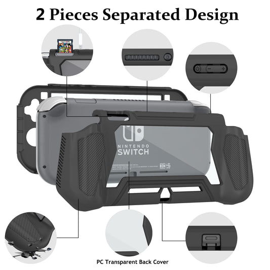 Kailfee Protective Case for Nintendo Switch Lite, TPU Shock-Absorption, Built-in Screen Protector, Black, Large