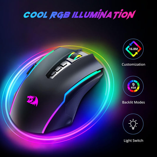 Redragon M910-KS Wireless Gaming Mouse - 8000 DPI, RGB Backlit, Ergonomic Design, Rechargeable, Black