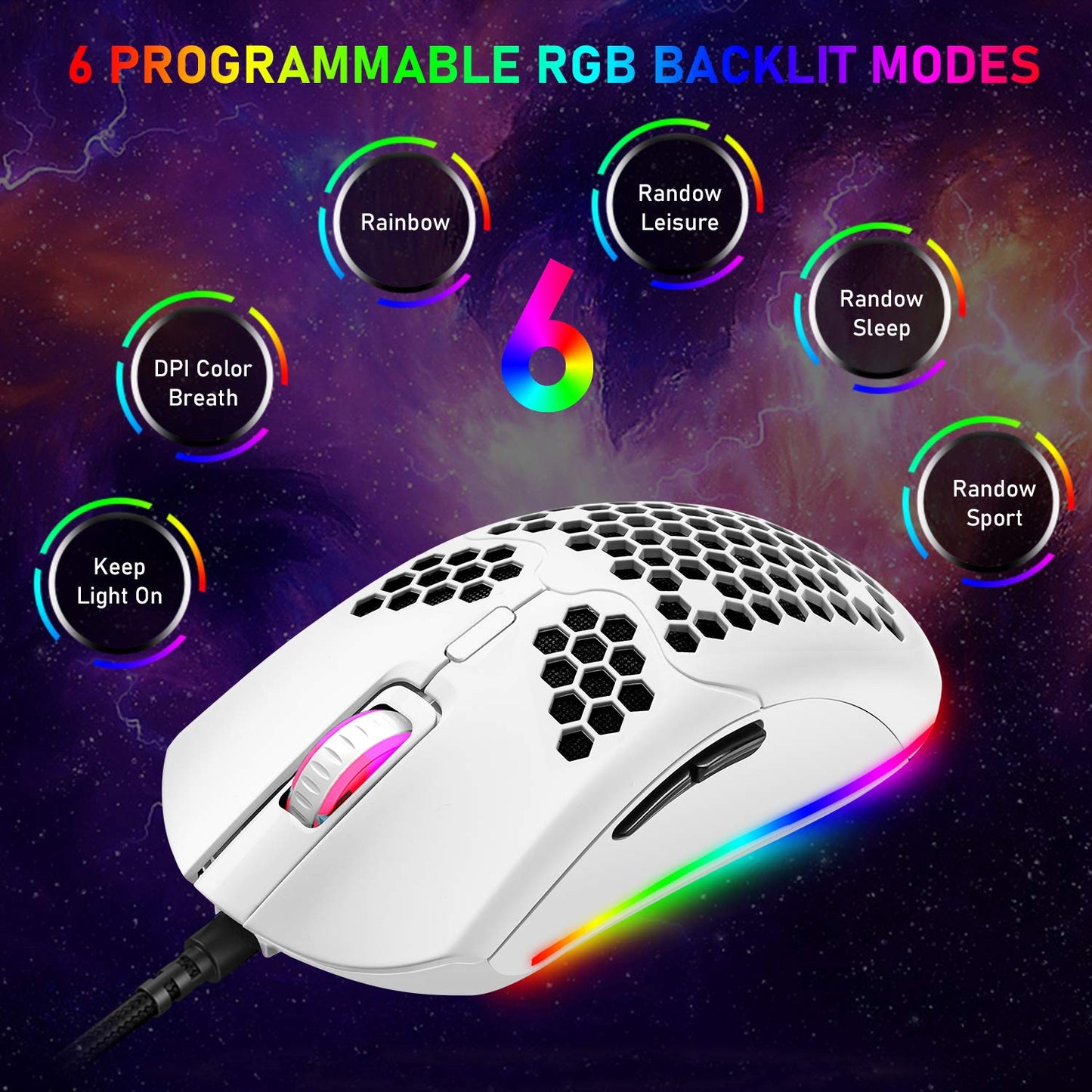 ZIYOU LANG Wired Gaming Mouse, 6 RGB Lights, 6400 DPI, Honeycomb Design, Ultraweave Cable, Lightweight, White