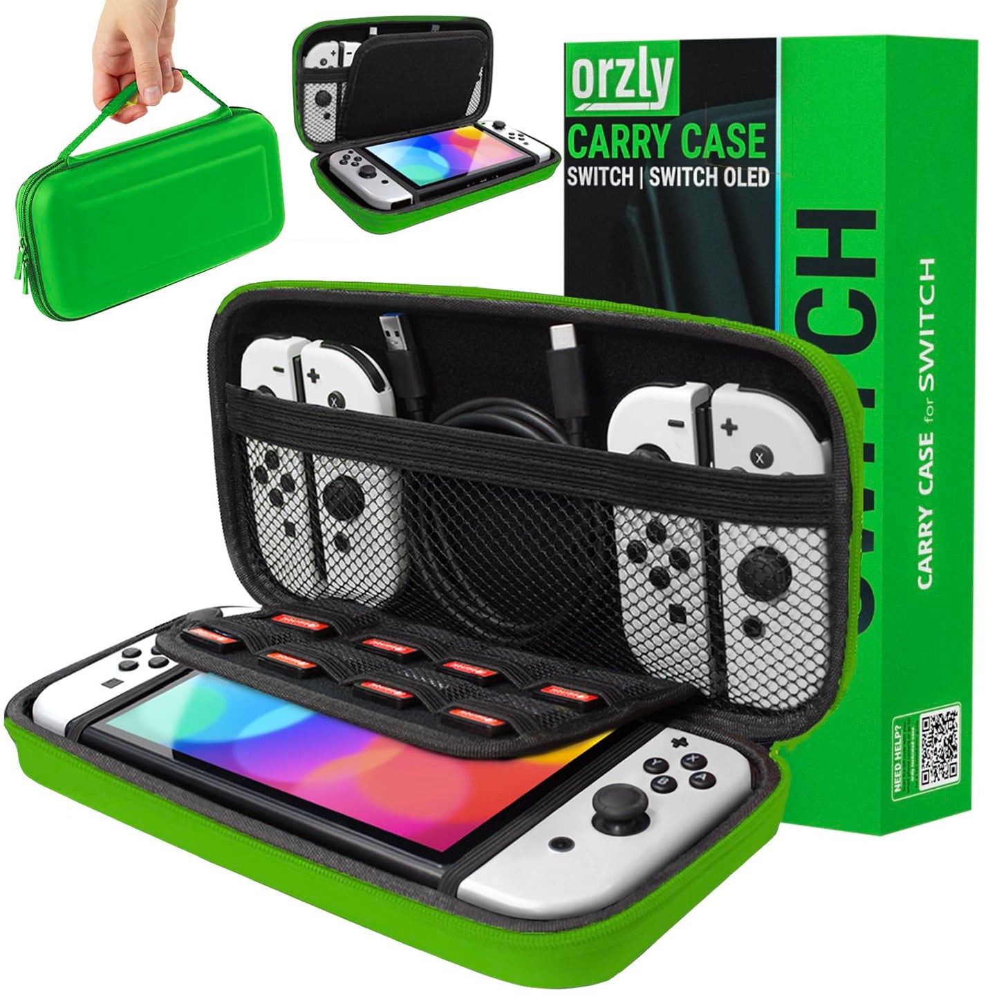 Orzly Carrying case for Nintendo Switch OLED and Switch Console - Green Protective Hard Portable Travel case Shell Pouch for Nintendo Switch Console & Accessories